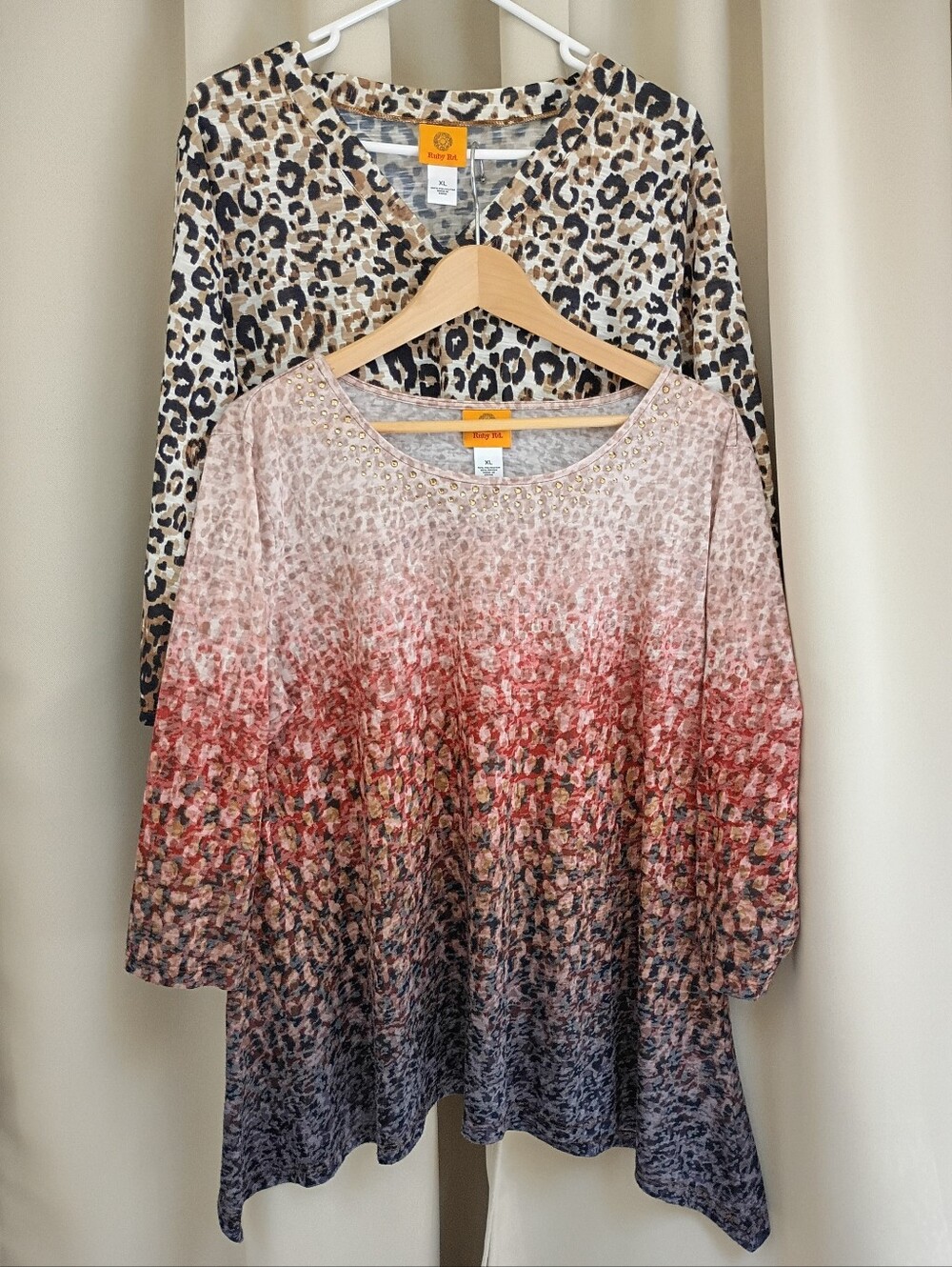 2 Ruby Rd Abstract 3/4 Sleeve Top XL Ombre W Rhinestones Boho & Leopard Print